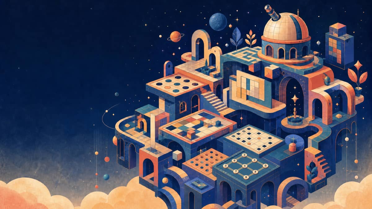 A floating observatory made from abstract puzzle boards and geometric arches